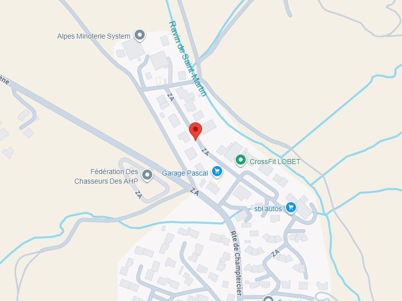 Localisation de la Zone d'Activités à Champtercier sur Carte Plan Google Maps de la zone d'activités à Champtercier avec repère rouge, Garage Pascal et CrossFit LOBET.